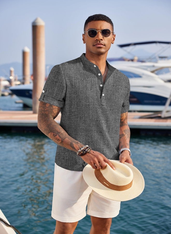 COOFANDY Men's Casual Henley Shirt Short Sleeve Band Collar Linen Shirt Summer Beach Hippie T-Shirts Dark Gray - Image 4